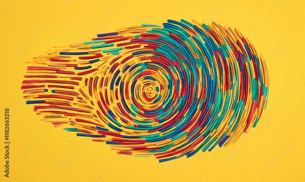 Poster fingerprint pattern with colorful stripes on yellow background representing diversity
