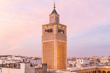 Medina, Tunis, Tunisia. The minaret of the Great Mosque in the Medina of Tunis.