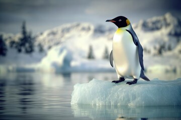 Naklejka premium Emperor penguin standing on an ice floe in a serene Antarctic landscape during twilight