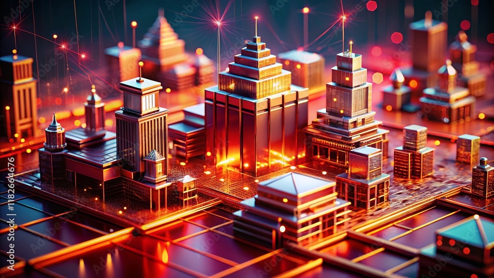 Poster abstract 3d financial system model on red background - stock photo