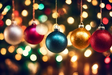 Christmas Tree Decorations on a Red Background &ndash; Festive Holiday Ornaments and Sparkling Lights

