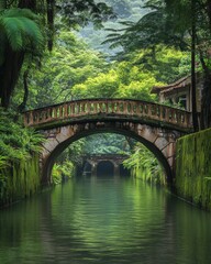Fototapeta premium Timeless Stone Bridge Amidst Lush Greenery Over a Serene River