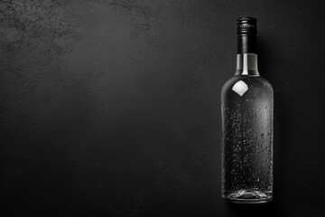 An exquisite vodka bottle stands alone against a smooth black backdrop, highlighting its sleek design and the play of light on its surface, evoking luxury and sophistication