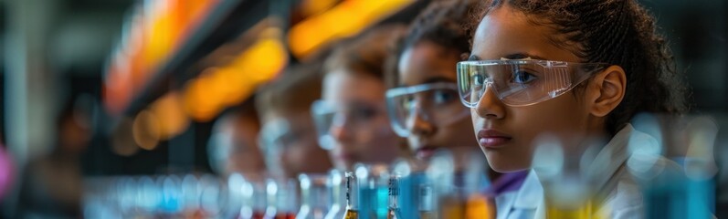 There are many children wearing safety glasses in a lab, banner, copy space