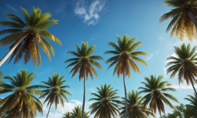 Sun-drenched coconut palms against vibrant blue sky, background, tropical landscape