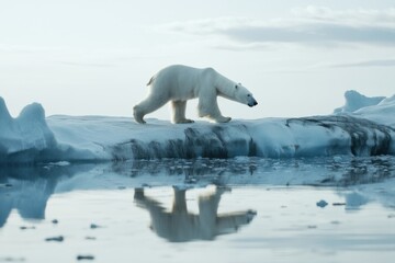 Fototapeta premium Polar bear walking on ice in a serene Arctic landscape during daylight hours