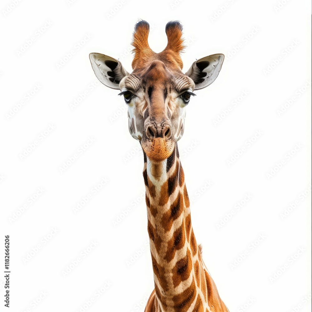 Poster majestic giraffe is posing with a neutral expression in front of a white background