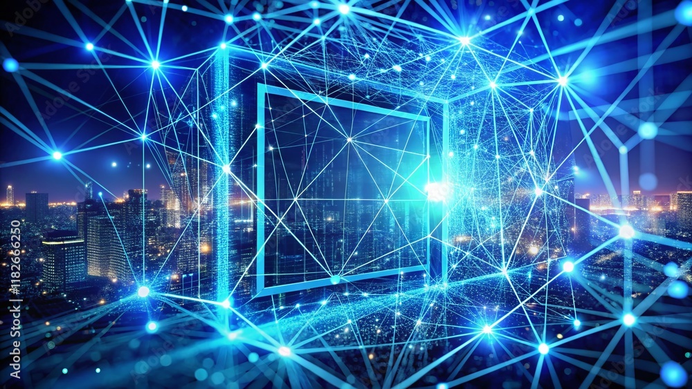 Poster abstract blue blockchain network: glowing plexus lines & dots, big data, 3d digital background