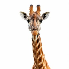 Naklejka premium Majestic giraffe is posing with a neutral expression in front of a white background
