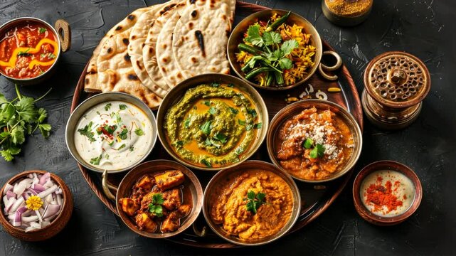 Vibrant Indian Cuisine Platter Traditional Display of Rich Curries, Flavors, Breads, and Side Dishes with Inviting Colors and Spices
