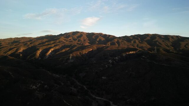 Aerial of Santa Clarita California mountains as sunset in winter