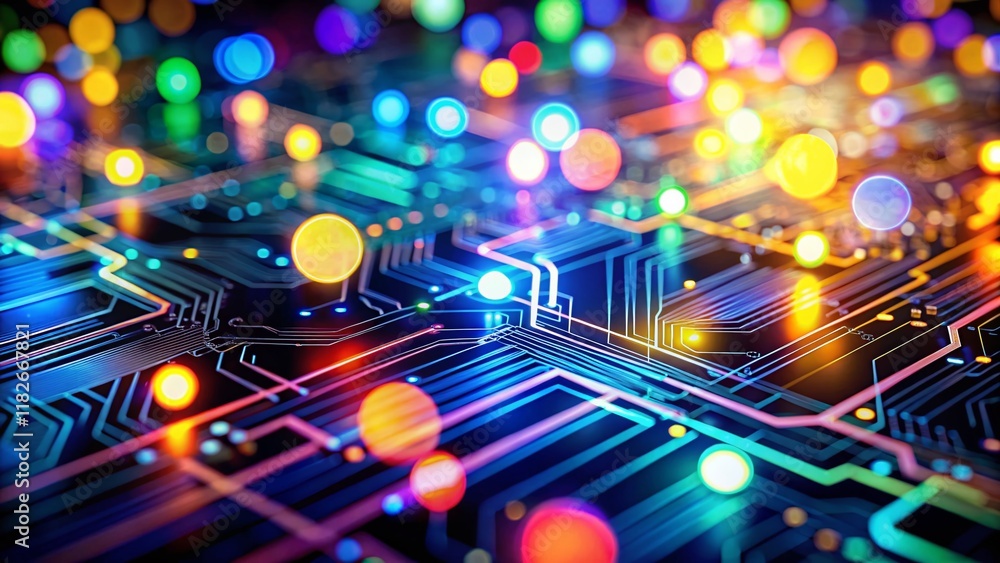 Poster abstract circuit board background: bokeh effect, electronic engineering, high-tech technology, scien