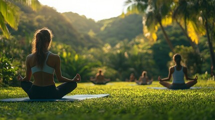 A group of individuals participating in an outdoor yoga session, performing poses on yoga mats in a lush, green park with a scenic background