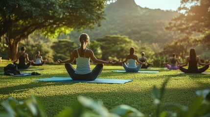 A group of individuals participating in an outdoor yoga session, performing poses on yoga mats in a lush, green park with a scenic background