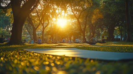 Yoga instructor leading outdoor fitness class in park, guiding group through yoga poses in calm nature-filled environment