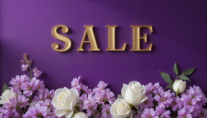 Sale sign with flowers on purple background