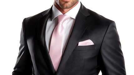 Close-up of a man in a black suit with a pink tie and pocket square.