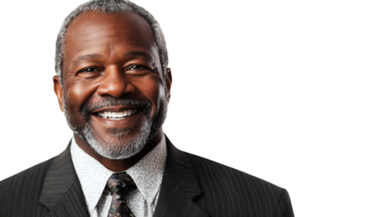 Black smiling businessman isolated on white background