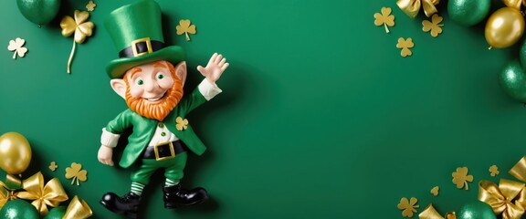 Fototapeta premium A vibrant leprechaun figure surrounded by shamrock and festive decorations, perfect for St. Patrick's Day themes.