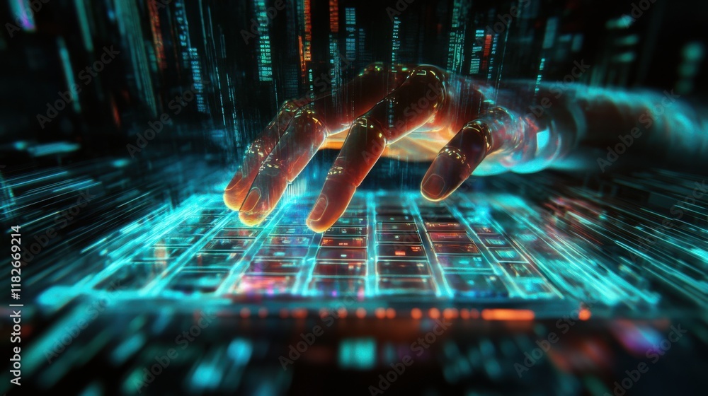Poster hand interacting with a digital keyboard amidst flowing data streams in a futuristic environment