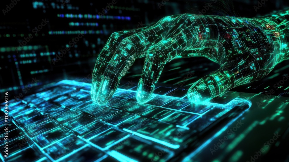 Poster digital hand interacting with modern keyboard amidst glowing data streams in a futuristic environmen