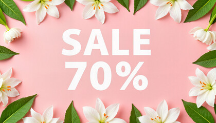 Sale announcement with sale text and white flowers on pink background