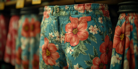 Close-up of teal floral-print shorts hanging in a store, showcasing vibrant hibiscus and other tropical blooms.