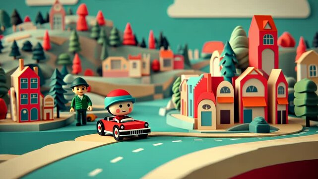 Playful Cartoon Car with Santa and Children Traveling to Christmas Tree House in Colorful Holiday Scene