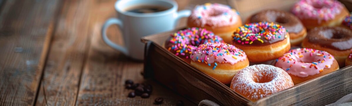 Many donuts in a box with sprinkles and coffee, food background, banner, copy space