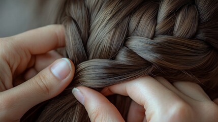 A close-up of hands carefully braiding hair into a Dutch braid, focusing on the underlapping technique and the fullness of the braid