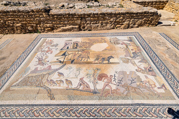 Ben Arous, Tunisia. Roman mosaic floor with a hunting scene at the Uthina Archaeological Site.