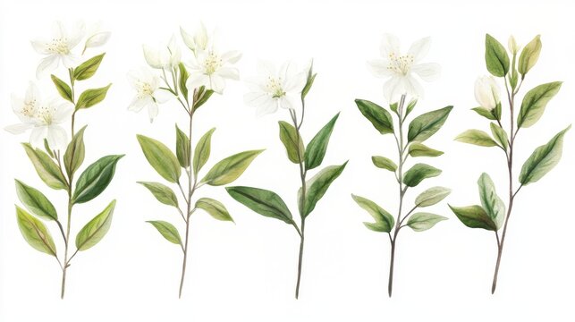 Delicate White Flowers and Lush Green Leaves Watercolor Painting