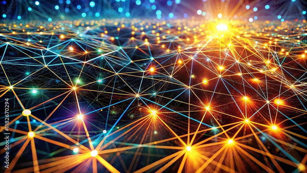 Poster abstract digital network landscape: dynamic data streams flowing through nodes and lines