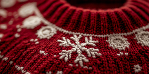 Close-up of a Red Knit Sweater with Snowflake Pattern - Winter Holiday Texture