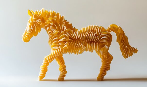 Horse made of pasta is standing on a white background. The pasta is arranged in a way that it looks like the horse's body, legs, and head.