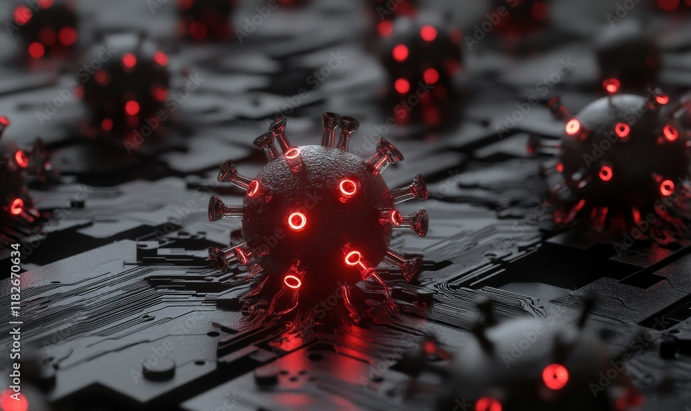 Poster illuminated viral mutation with circuitry and red led lights, metaphor for tech evolution or virus r