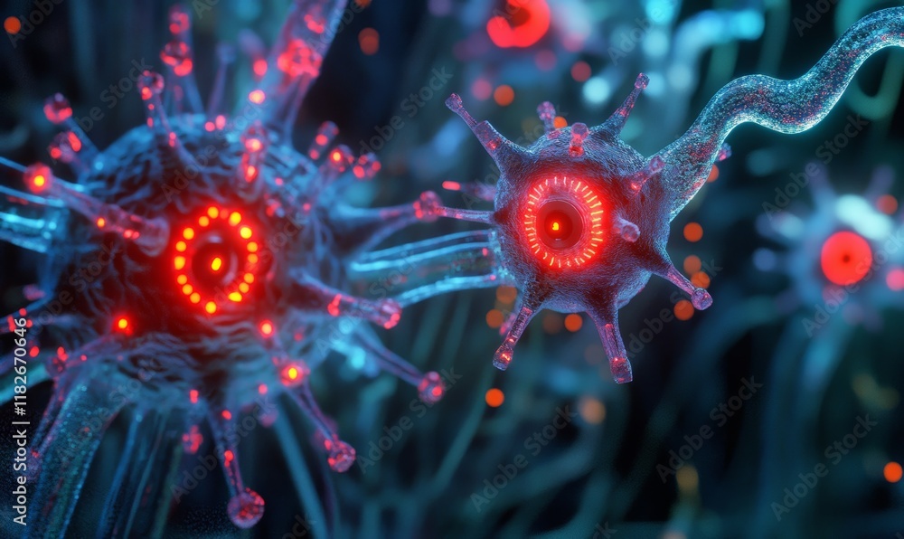 Poster illuminated viral mutation with circuitry and red led lights, metaphor for tech evolution or virus r
