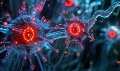 Illuminated viral mutation with circuitry and red LED lights, metaphor for tech evolution or virus resistance.