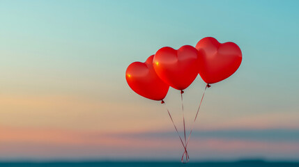 Fototapeta premium Three Red Heart-Shaped Balloons Ascending at Sunset
