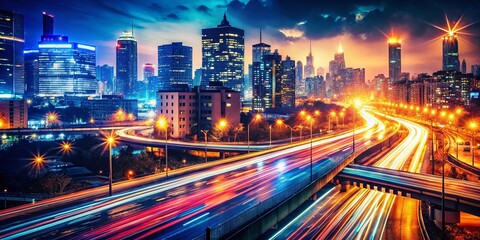 Obraz premium Abstract Double Exposure: Cityscape and Car Lights, Urban Night Drive