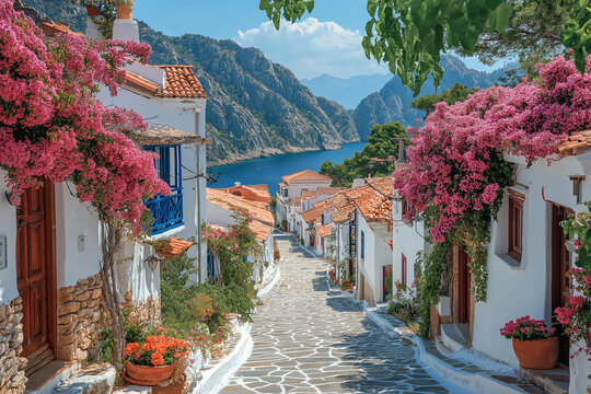 Fototapeta Photo réaliste d’un village côtier grec ensoleillé, avec des ruelles pavées de pierre, des maisons blanches, et des bougainvilliers colorés