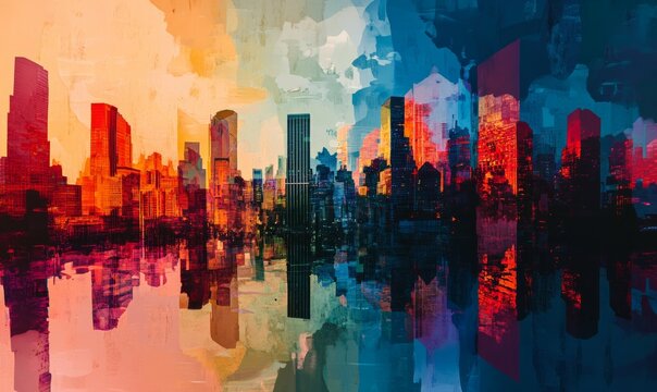 image captures vibrant cityscape with abstract forms representing overpopulation, evoking sense of urgency and reflection