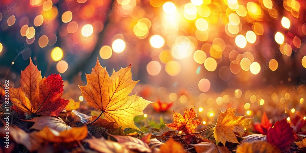 Poster abstract fall bokeh background with lens flare - autumn colors and soft focus
