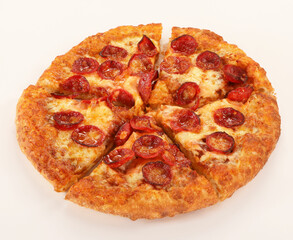 Beef Pepperoni Pizza with thick crust, Pizza top view on white background