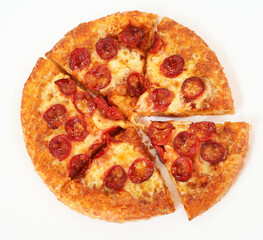Beef Pepperoni Pizza with thick crust, Pizza top view on white background