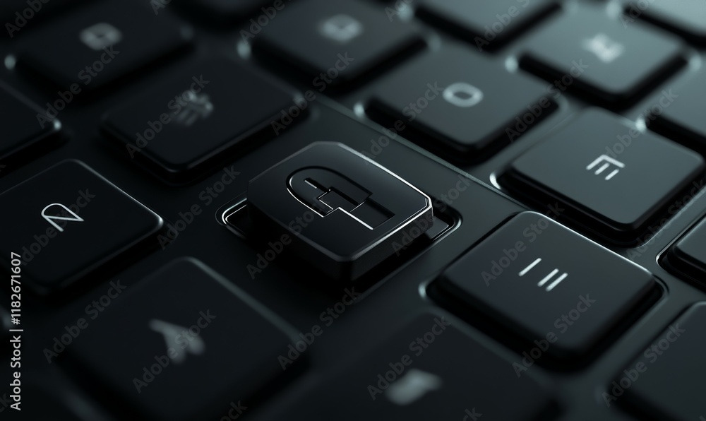 Poster keyboard with a key on it. the key is locked and the keyboard is black. concept of security and prot