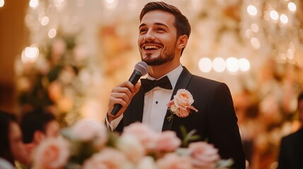 An MC hosting a wedding reception, standing at a microphone on stage and entertaining guests with lively gestures and speech in a beautifully decorated reception hall.