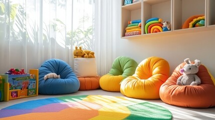 A child therapy room with a collection of soft, cuddly toys, calming lighting, and sensory materials like textured balls and fabric, designed for therapeutic play