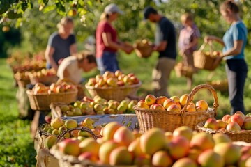 Multiple individuals gather apples in a vibrant orchard, filling their baskets with ripe fruit under a sunny sky, showcasing a joyful harvest atmosphere