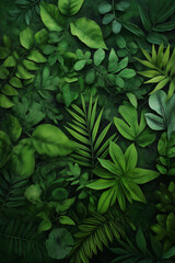 Lushes Blattwerk in verschiedenen Grüntönen auf dunklem Hintergrund

